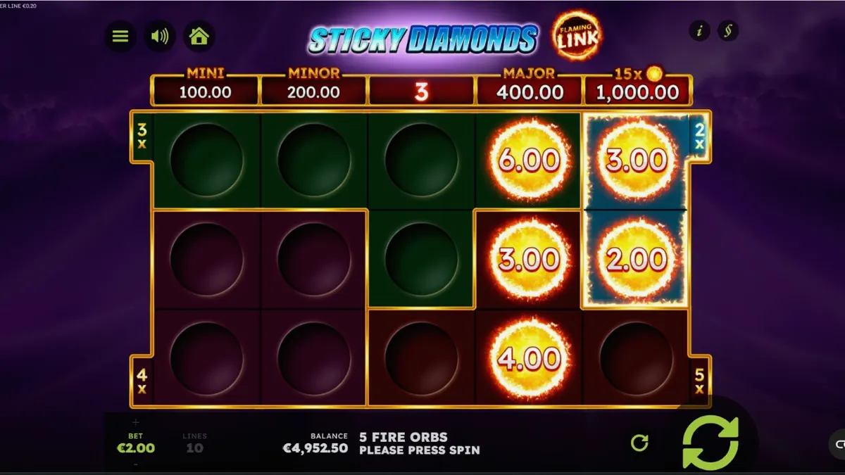 Tampilan visual slot Sticky Diamonds Flaming Link dengan simbol buah dan berlian